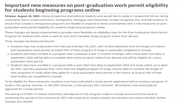 【加拿大】毕业申请工签出新政！符合规定情况下：接受境外学习模式!